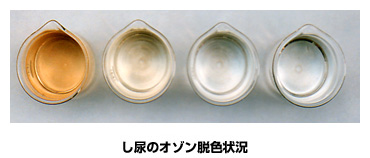 左図:し尿のオゾン脱色状況 右図:オゾン処理による色度変化 左図:し尿のオゾン脱色状況 右図:オゾン処理による色度変化